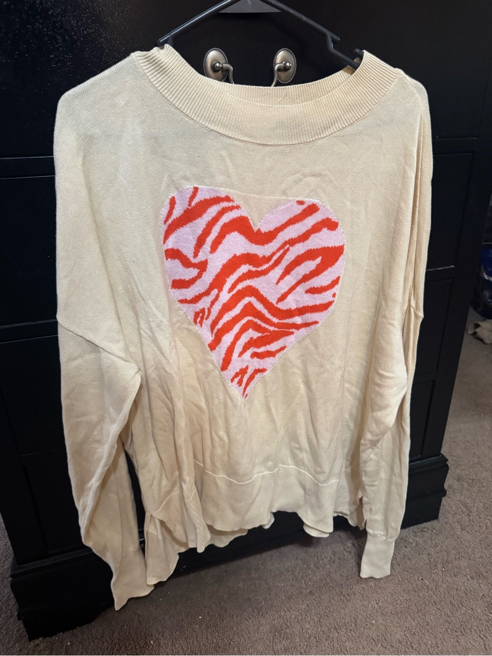 Lane Bryant Cream Sweater with Pink and Red Zebra Heart